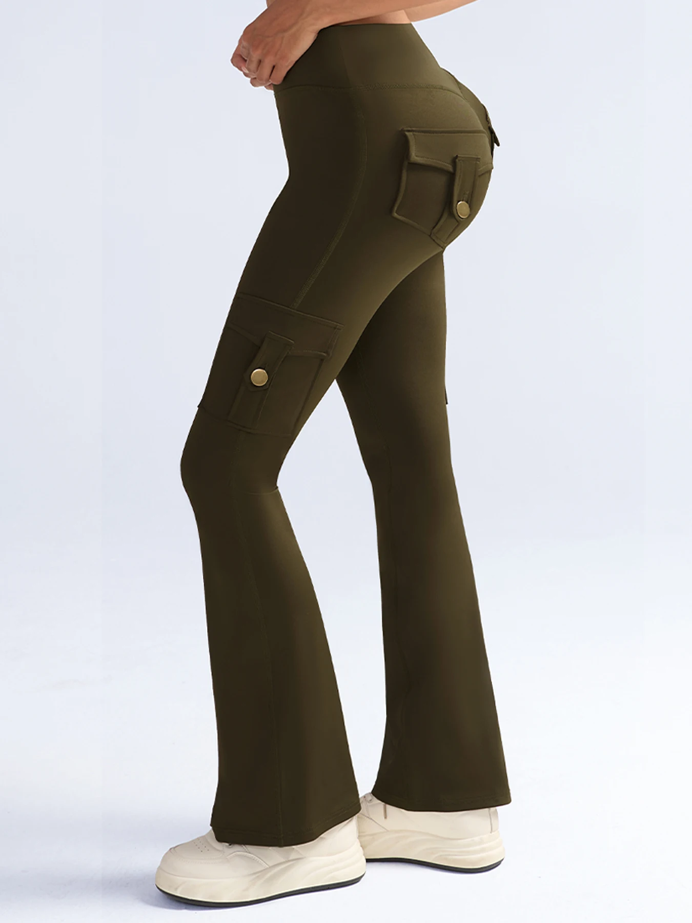 

Sporty Bell-bottom Tight Pants With Pockets, Lnvisible Elastic High-waist Workwear Gym Outdoor Yoga Pants