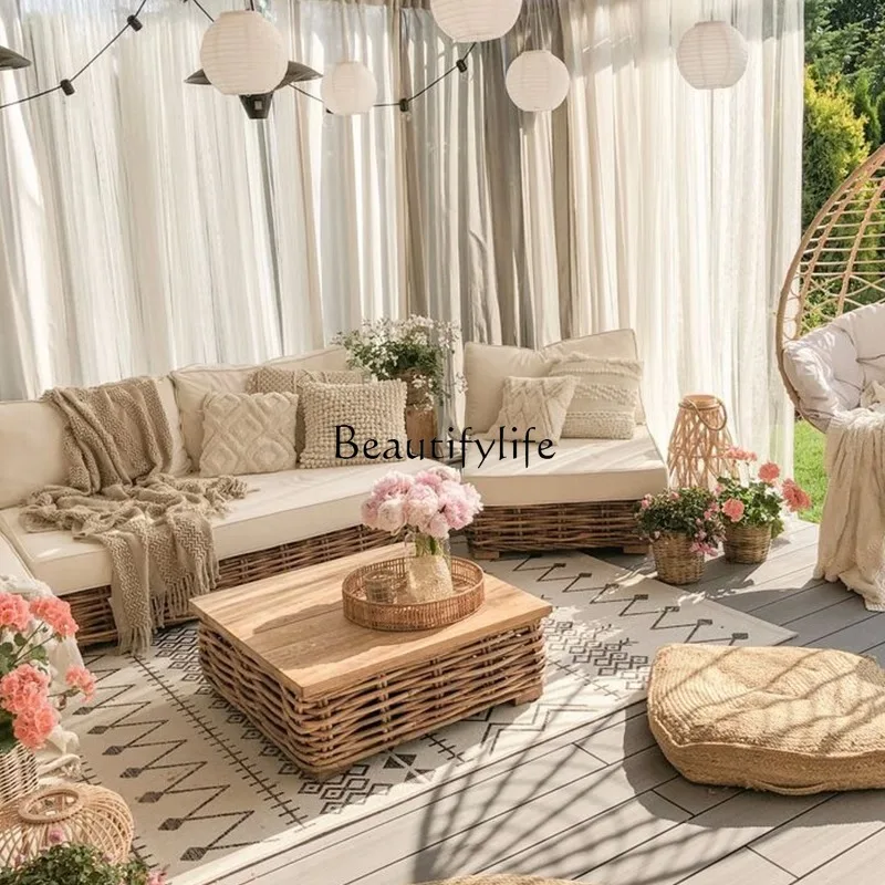 Outdoor Rattan Sofa Courtyard Garden Leisure Rattan Chair Tea Table