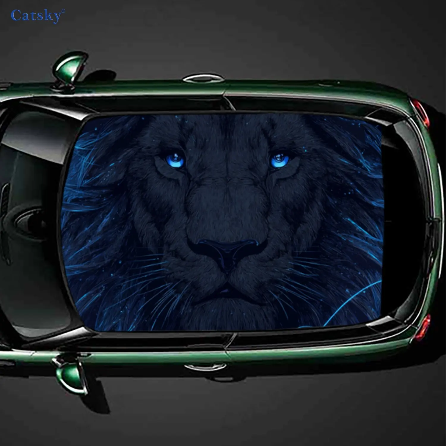 

Mighty Blue Eyes Lightning Black Lion Car Roof Sticker, PVC Self-Adhesive Waterproof Car Vinyl Decal, Car Decoration Protection