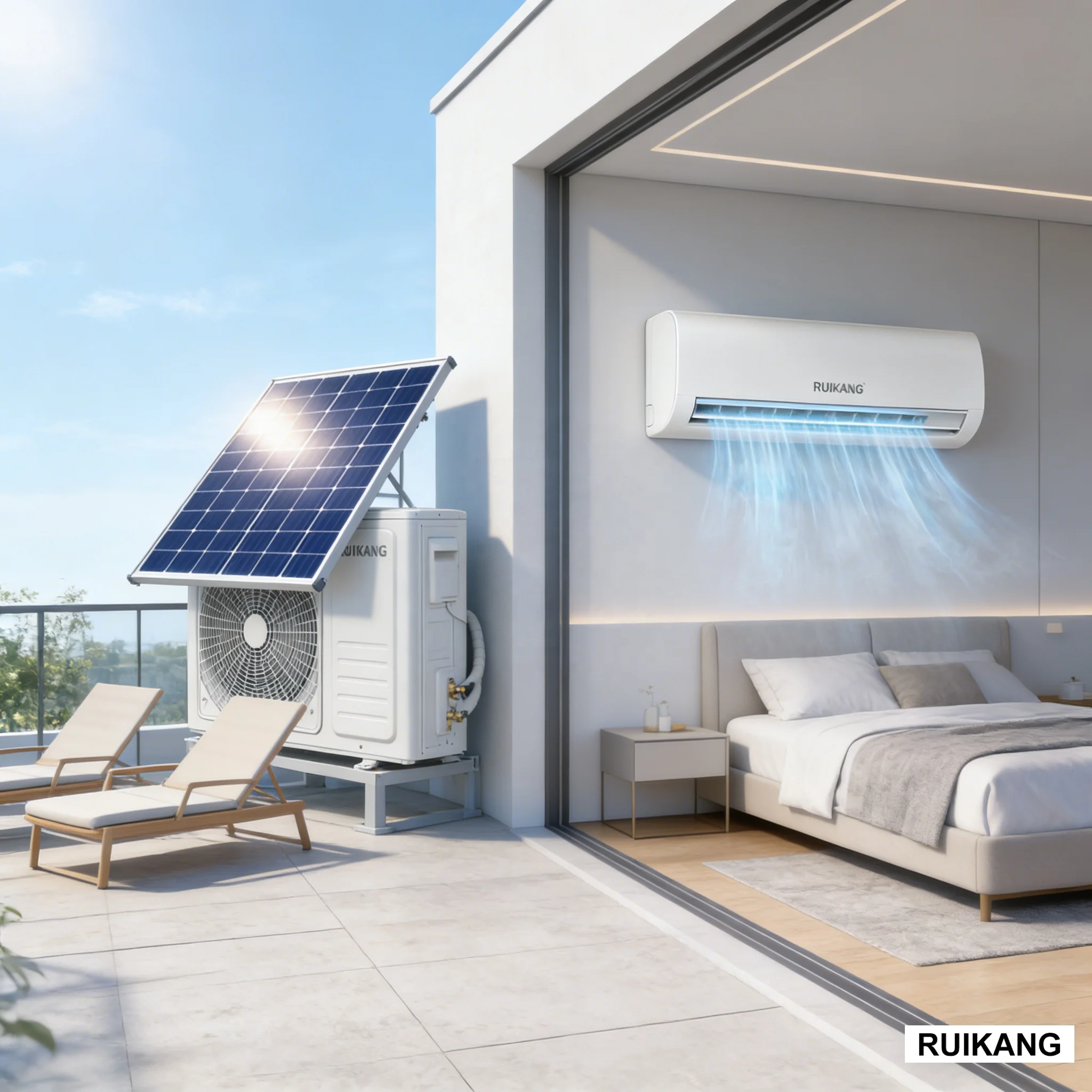 RUIKANG 12000 BTU Hybrid Solar Air Conditioner, Wholesale Bulk Supply Split Type Solar AC for Hotel & Residential Projects