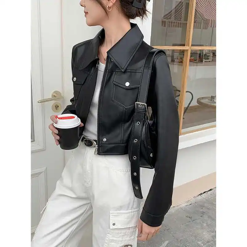 Fashion PU Leather Jacket Women Short 2026 Spring Autumn New Leather Coat Joker Trend Outwear American Motorcycle Outcoat Female