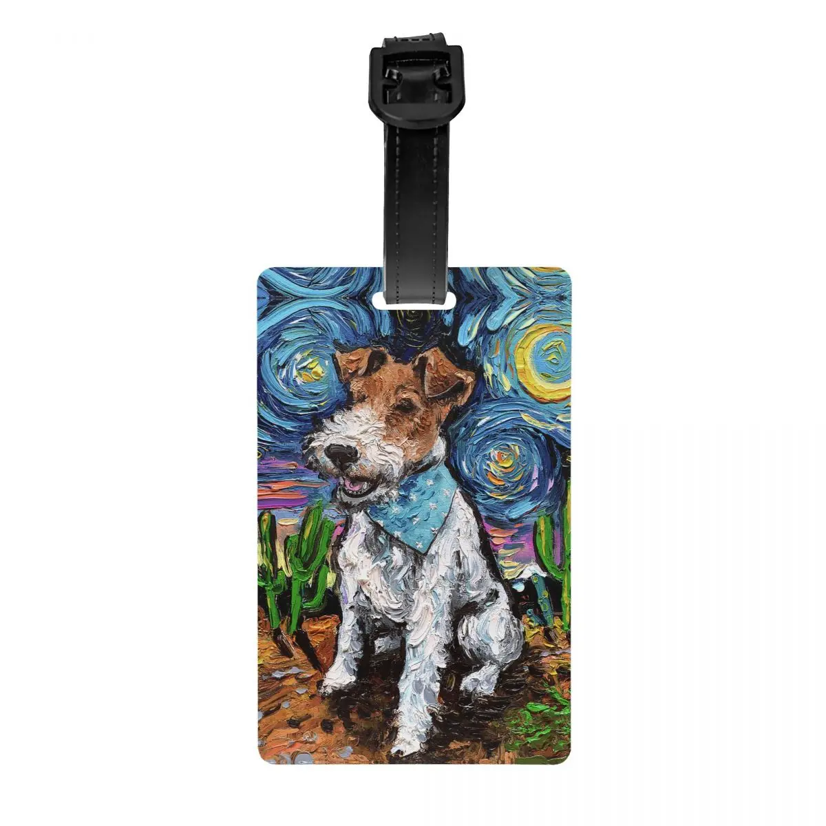 Etiqueta de equipaje de Noche Estrellada Fox Terrier, Etiquetas de equipaje personalizadas para amantes de los perros, cubierta de privacidad, tarjeta de identificación con nombre