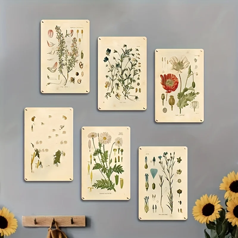 A Set of 6 Vintage Metal Signs for Identifying Herbal Plants - Perfect for Decorating Bedrooms, Studies, or Classrooms as Educat