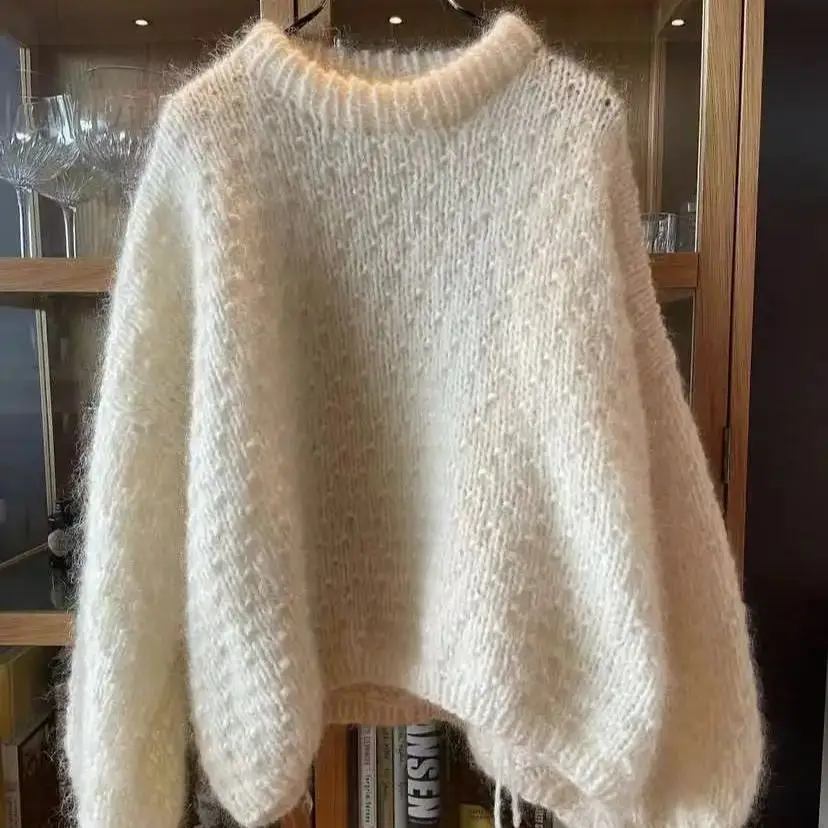 Rundhals-Strickpullover mit Blasenärmeln, einfarbiger Pullover, bequemer und weicher, handgewebter Mohair-Pullover für Frühling und Herbst