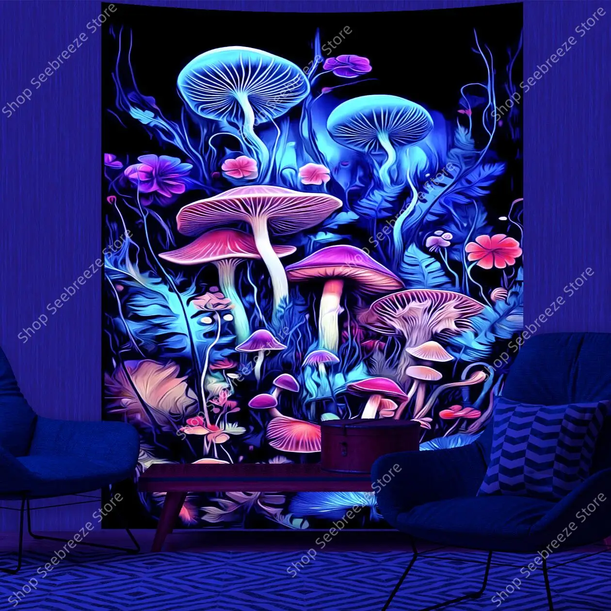 ​Enchanted Neon Mushroom Floral Psychedelic Vertical Wall Hanging UV Tapestry Bohemian Bedroom Dormitory Office Decor Meditation