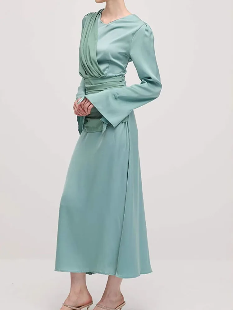 Vestido largo de satén ajustado drapeado con varias telas para mujer, vestido largo informal de manga larga con cintura y cuello redondo, vestido de fiesta de Color sólido
