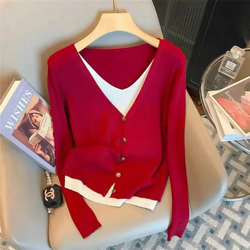 Prosty Sweter Jesień 2025 Nowy Duży Rozmiar Luźny Sweter Dzianinowy Pulower Damski Francuski Ekskluzywny Dwuczęściowy Sweter Dzianinowy