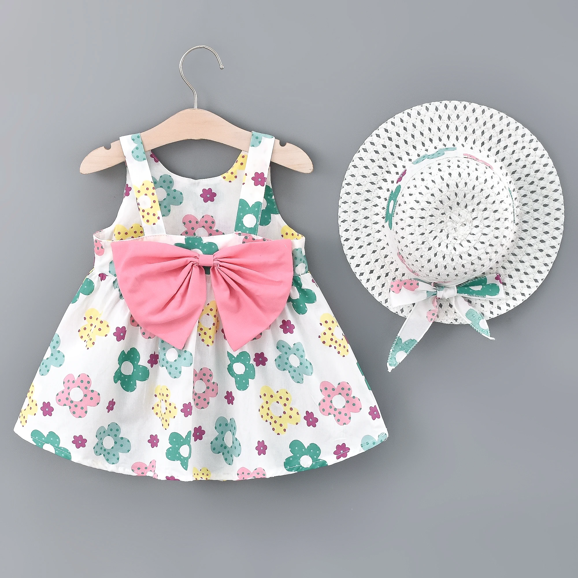 2pcs Infant Little Girls Sleeveless Dress Toddler Kids Baby Girls Big Bowknot Design Princess Dress + Hat Outfits Sets Clothes