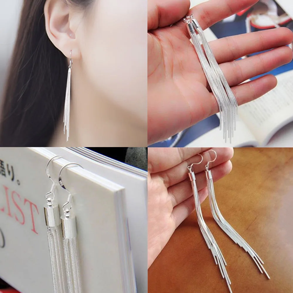 Elegant Jewelry Fashion Women Noble Tassels Silver Plated Long White Hook Dangle Chain Earrings Women Silver Plated