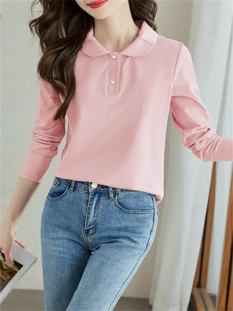 New Tees Tops Sweet Feminine T-shirts Long-sleeved Tops Doll collar Long Sleeve Autumn Casual Woman Tshirt Cotton Female Tshirts