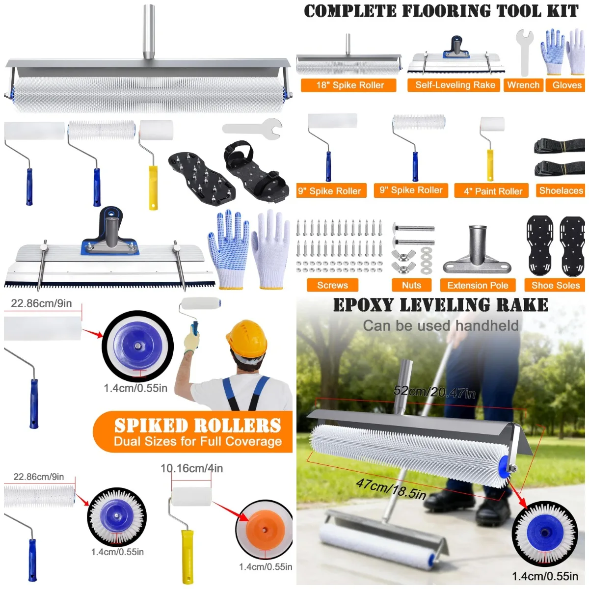

Epoxy Floor Tool Kit, 18' Spiked Roller, Spike Shoes, Leveling Rake & Scraper, 7Pcs Set