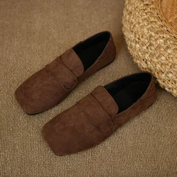 Suede Flats Loafers Women Walking Casual Shoes 2024 Spring Trend Comfort Soft Sole Shoes Square Toe Shallow Zapatillas De Mujer