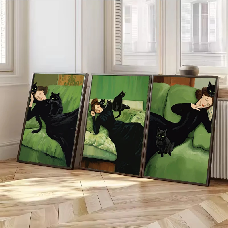Vintage Decadent Young Woman After The Dance with Cats Poster Prints Abstract Canvas Painting Wall Art Picture for Home 