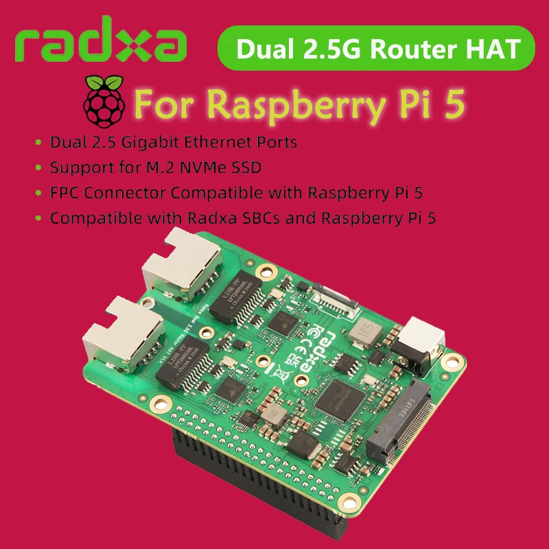

Шляпа Raspberry Pi 5, двойной маршрутизатор 2,5G, два Ethernet 2,5G, SSD NVMe, PCIe FPC, разработанная для Radxa SBCs и RPi 5