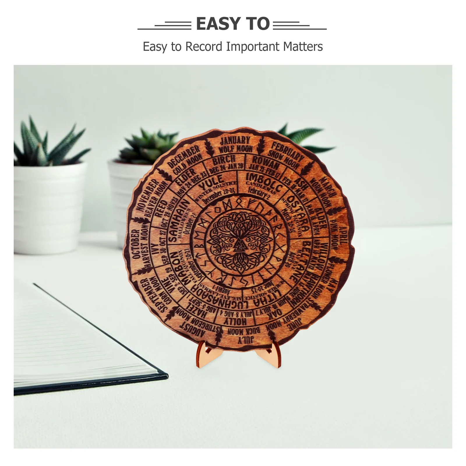 Wooden Ornament Tree Ring Design Desktop Decoration Natural Wood Wheel Of The Year Decorative Calendar Handmade Wood Round