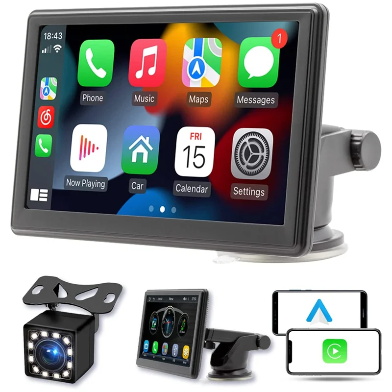 Portable Wireless Carplay Screen Dash Mount, 7 Inch Screen Car Stereo Bluetooth, FM Car Radio, Rear Camera, USB