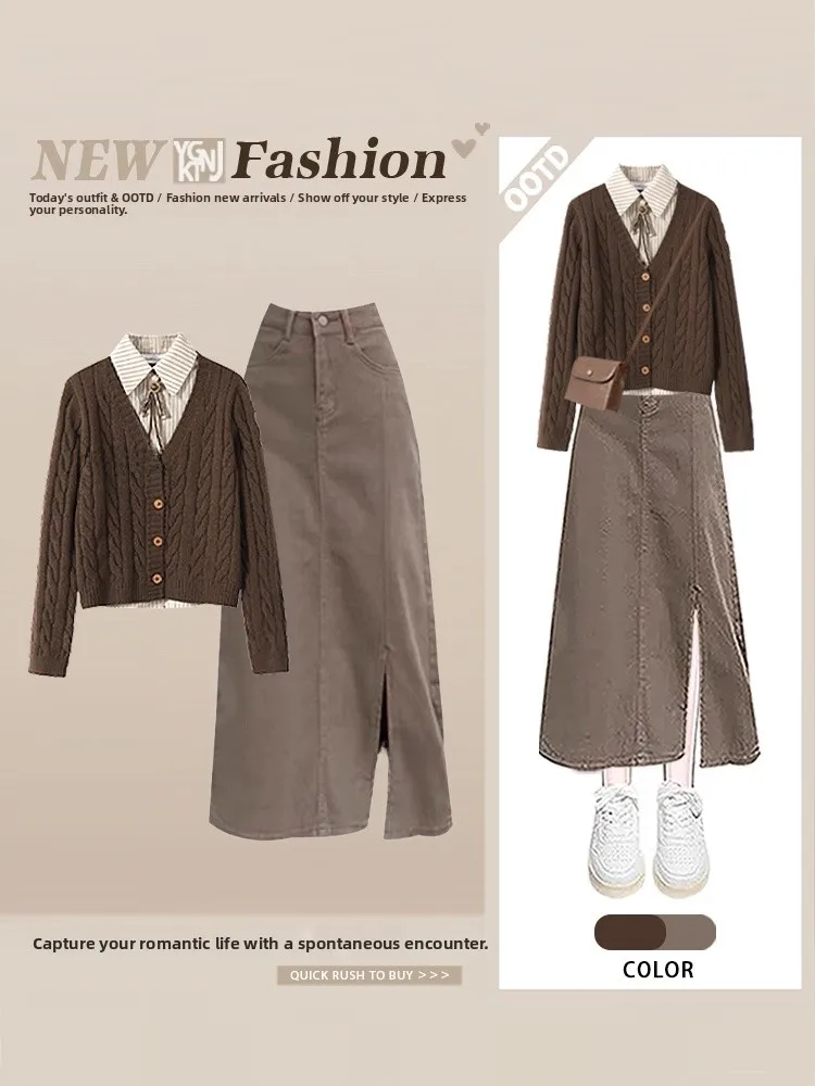 Herfst College Sle Retro Faion gebreide damessweater en afslankrok Set Lange Sve-kraag met knopen, normale pasvorm
