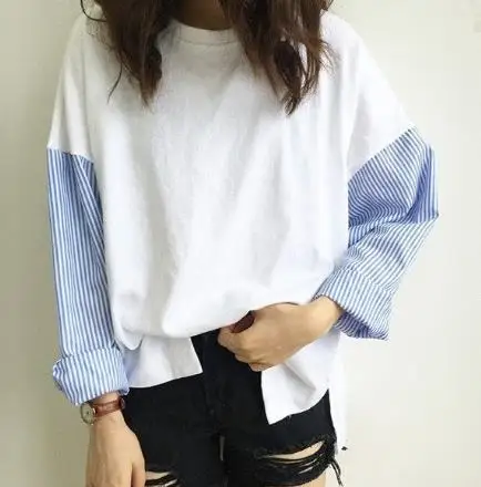 

Top Women 2026 Spring Autumn New Loose Versatile Striped Patchwork Long Sleeved Casual Round Neck Daily Shirt Top
