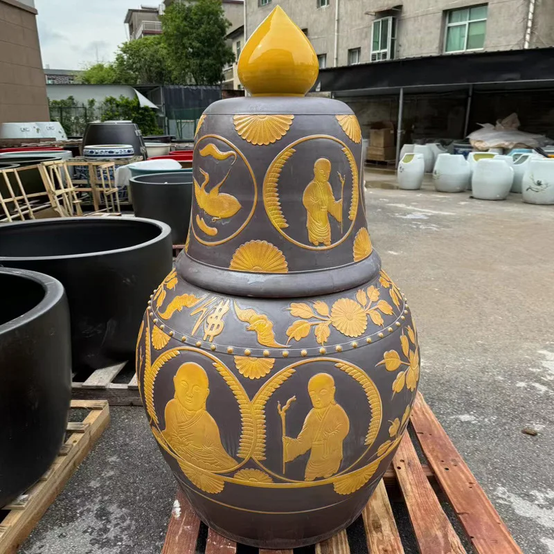 Large ceramic longevity altar, funeral urn painted with gold zodiac blessing characters