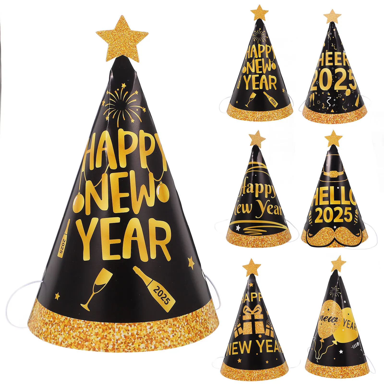 

6Pcs 2025 New Year Party Cone Hats Paper Hats Happy New Year Headbands Photo Props Party Supplies 2025 Hair Band