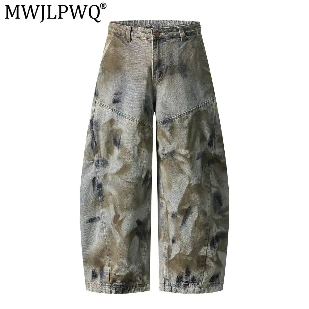 MWJLPWQ Distressed Faded Dirty-Dyed Pleated Curved-Cut Jeans For Men American Retro Wide-Leg Trousers 2026 Autumn Trendy 20142