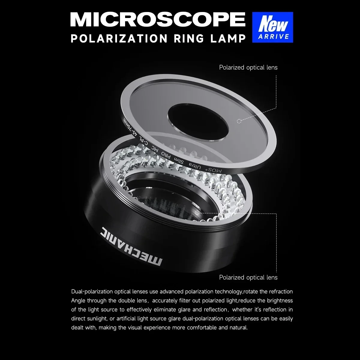 Mechanic LS720 Microscope Ring Light Polarized Ring Light Eliminates Reflection Suitable for Most Stereo Microscopes 48mm Size