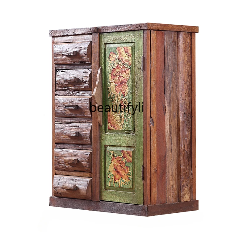 

Old Teak Vintage Wood Carving Silent Style Hallway Side Cabinet Multi-Layer Storage Cabinet