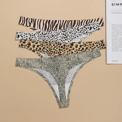 New Fashion Leopard Print Ice Silk Briefs Seamless Ladies Low Waist Traceless T-Back Laser Cut Thong Panties