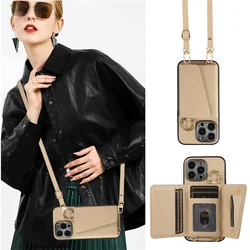 Trendy Crossbody lanyard makeup mirror wallet case for iPhone 16 17pro 15 16pro max 17 14 pro 13 Card pockets Ring holder cover