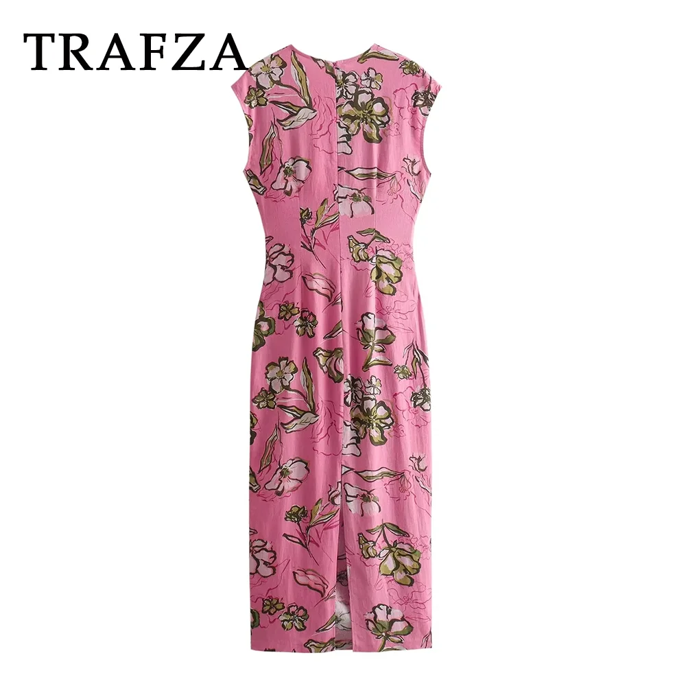 TRAFZA 2024 Spring Summer Sexy Women Print Flower Dresses Fashion Elegant O Neck Slim Hollow Out Pencil Dresses Chic Party Dress