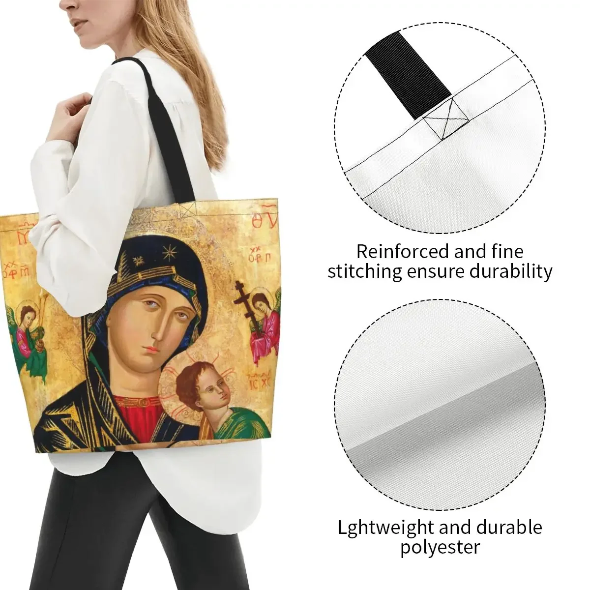 Our Lady Of Perpetual Help Groceries Tote Shopping Bag Catholic Virgin Mary Canvas Shopper Shoulder Bag Large Capacity Handbags