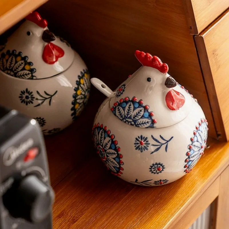 Ceramic Creative Rooster Home Seasoning Box Ceramic Capped Seasoning Box Salt Jar Spicy Jar Moisture proof Large Capacity