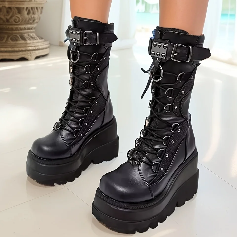 Brand New Ladies Goth Platform Boots Fashion Rivet Buckle Punk Wedges High Heels women's Boots Party Street Cosplay Woman Shoes