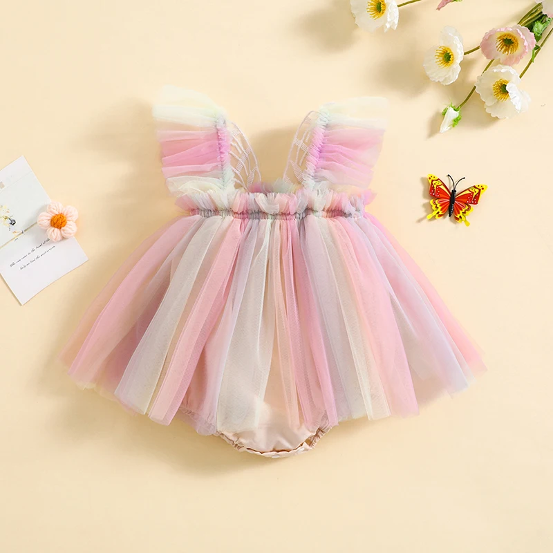 Baby Girl Rompers Dress with Embroidered Flower Appliques and Ruffle Sleeve Rainbow Color Tulle Skirt Jumpsuits Infant Bodysuits