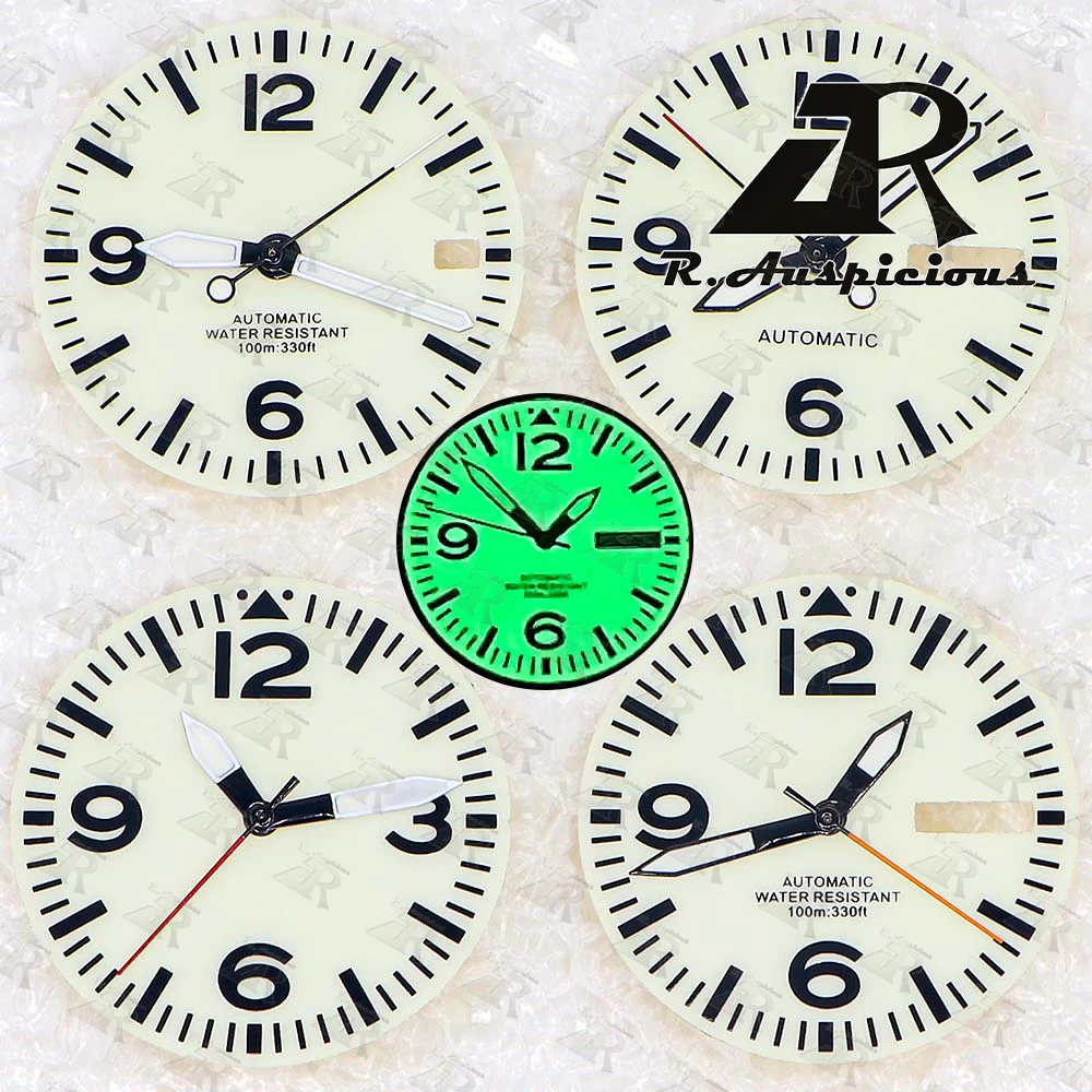 Esfera blanca y negra de 29mm con ambas manos, esfera luminosa completa para movimiento NH34, NH35, NH36, piezas de reloj luminosas verdes, personalizables