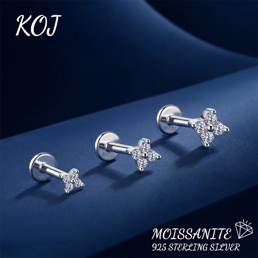 KOJ 3PC 925 Sterling Silver Moissanite Clover Cartilage Stud Earring Dainty Women Fine Jewelry For Wedding Party Daily Wear Gift
