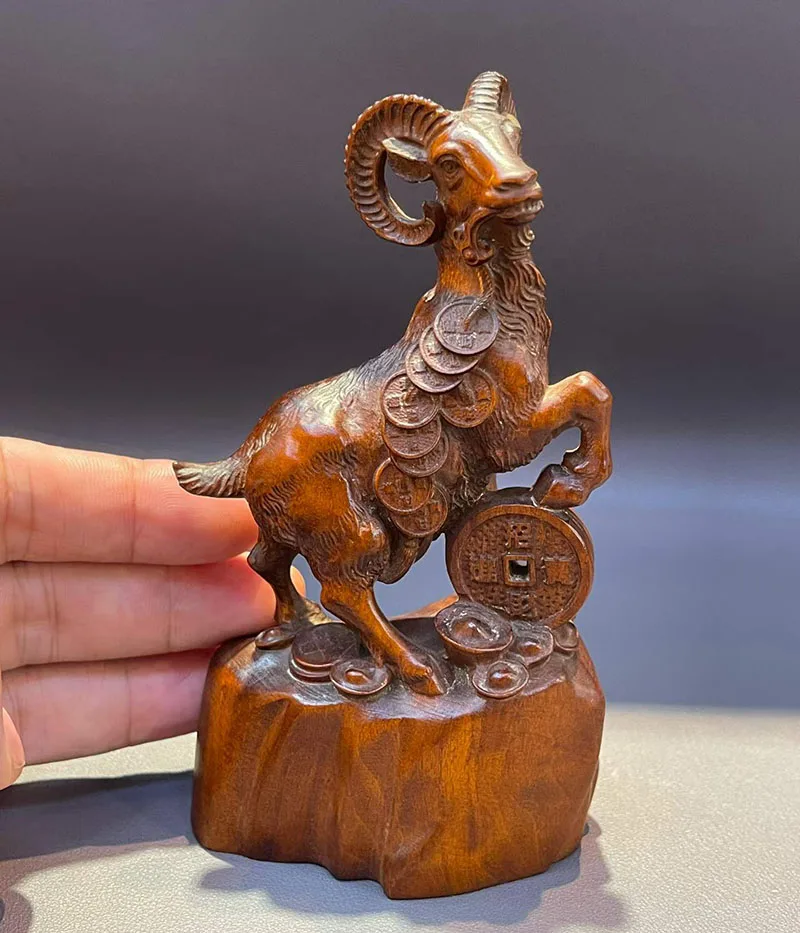 Q5097 - 13 X 7.5 X 5 CM Boxwood Carving Figurine Statue: Zodiac Wealthy Goat