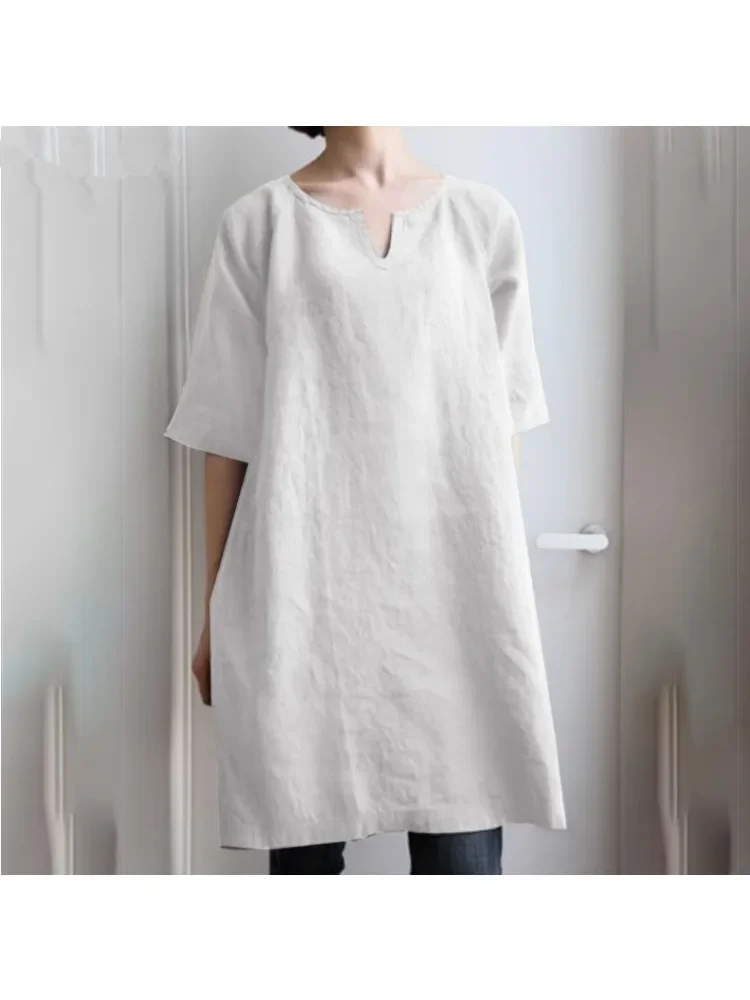 Robe d'été décontractée en coton et lin pour femme, mini-robe à demi-manches, t-shirt éducatif coréen, monochrome, Y2K