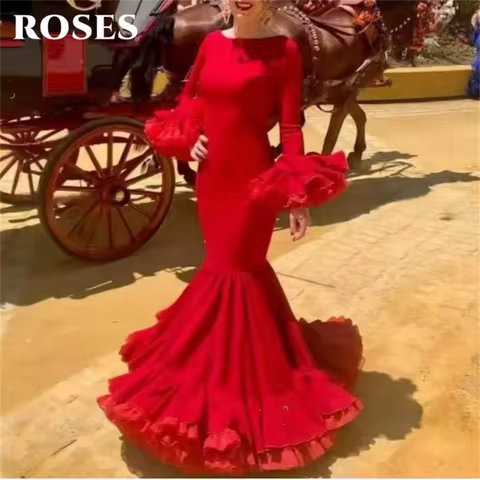 ROSES Vibrantly Red Party Dress Stunning Boat - Neck Mermaid Prom Dresses Dramatically Ruffled - Sleeve Evening Dress Customized
