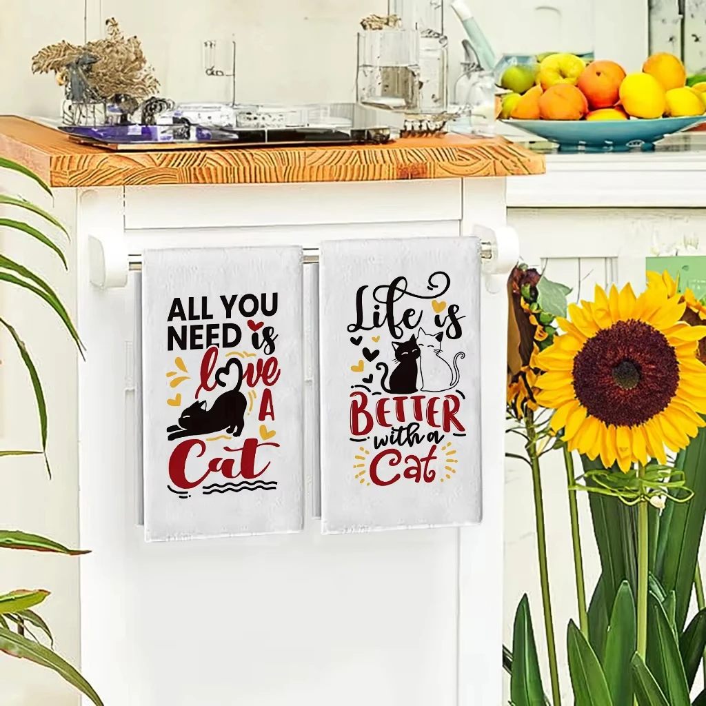 Lettered Cute Cat Kitchen Towels 2 Pcs Super Absorbent Soft Cleaning Cloth For Cooking Baking Tea Hand Towel Set
