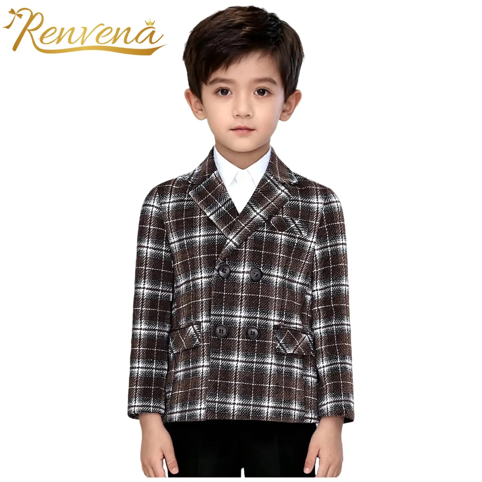 Fashion Kids Boys Plaid Blazer British Style Notch Lapel Double-breasted Suit Jackets Coats Boy's Wedding Blazers Outerwear