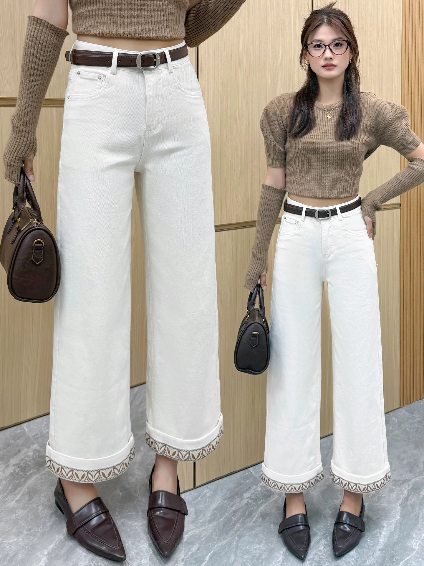 High Waist Wide Leg Embroidered Denim Jeans Women's Spring Autumn Winter New Style Cuffed Casual Straight Leg Pants