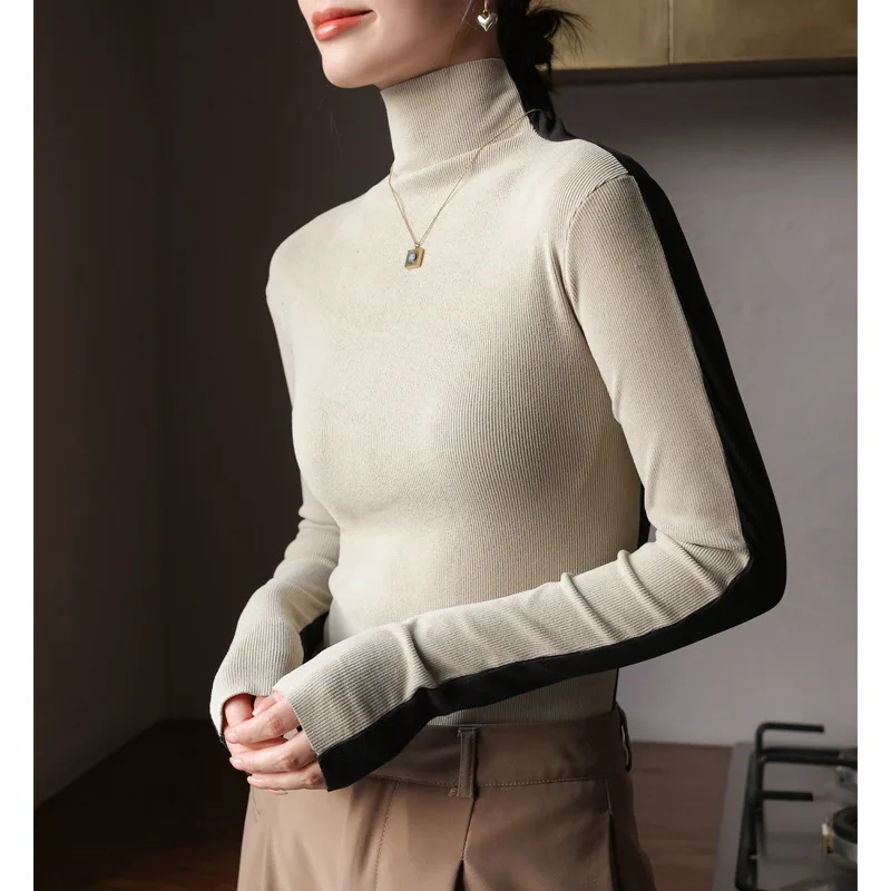 Autumn and winter threaded pile collar high collar women\'s color-blocked slim long-sleeved front and back base layer