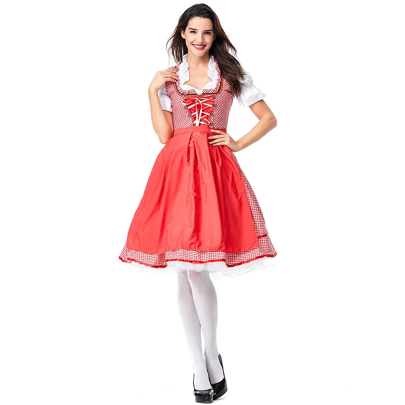 Dos vestidos y delantal falsos a cuadros rojos Dirndl disfraz de Oktoberfest para mujer, vestido de fantasía de Cosplay de camarera de la taberna bávara Beerfest