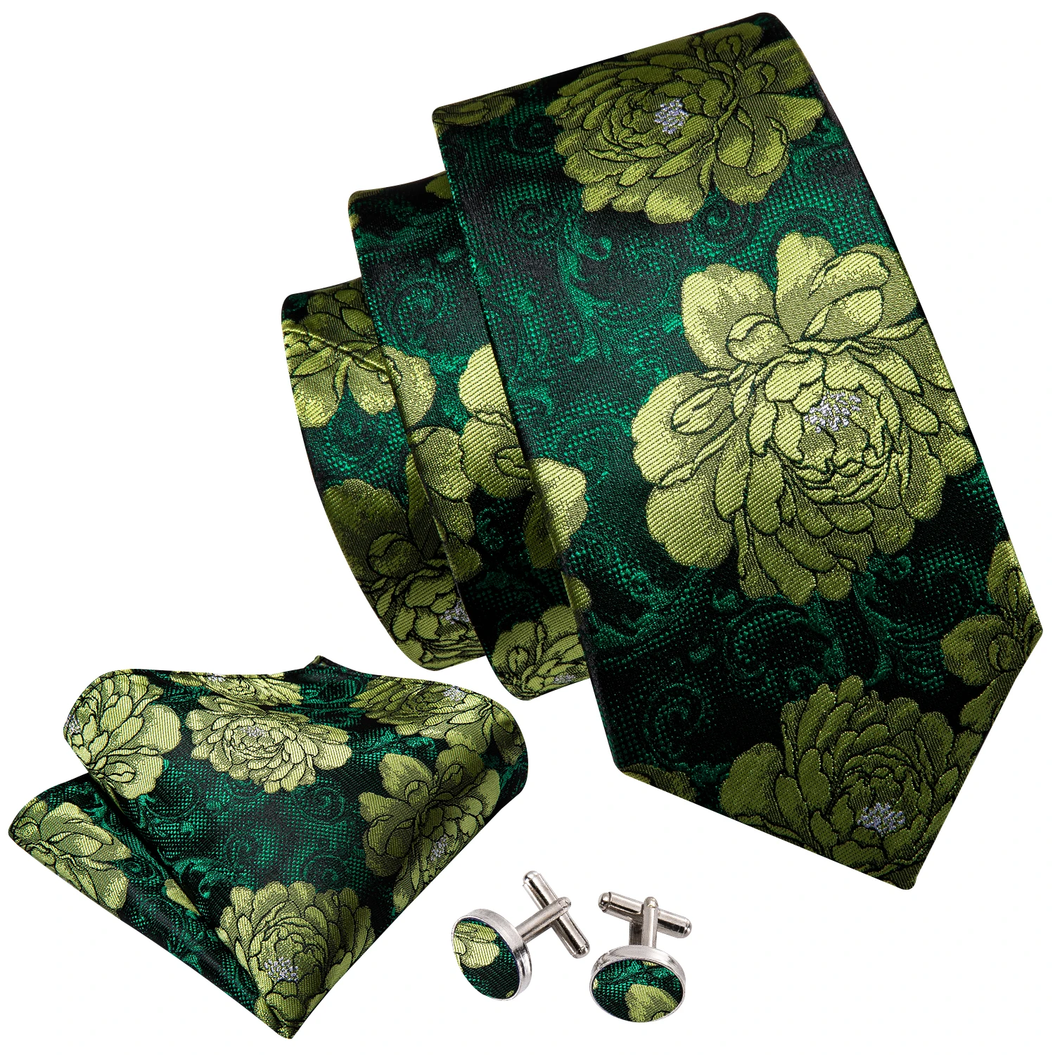 Designer Mens Tie Jacquard Necktie Pocket Square Cufflinks Set Woven Green Flower for Male Men Wedding Busniess Party Ties Gift