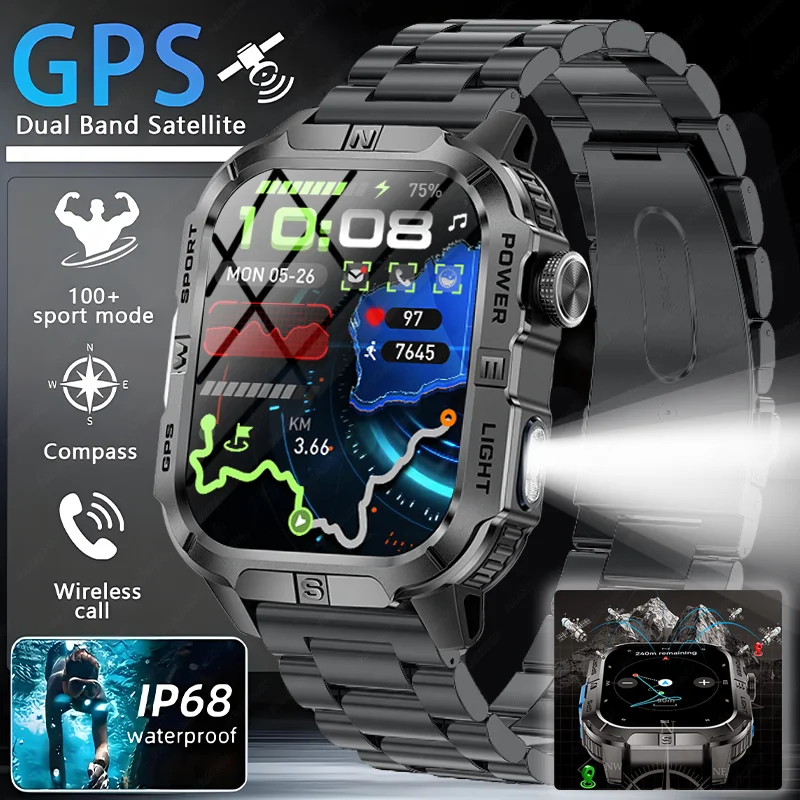 

2025 New Men's GPS Outdoor Sports Smart Watch LED Flashlight Compass Heart Rate Blood Oxygen Bluetooth Call Fitness Smart Watch