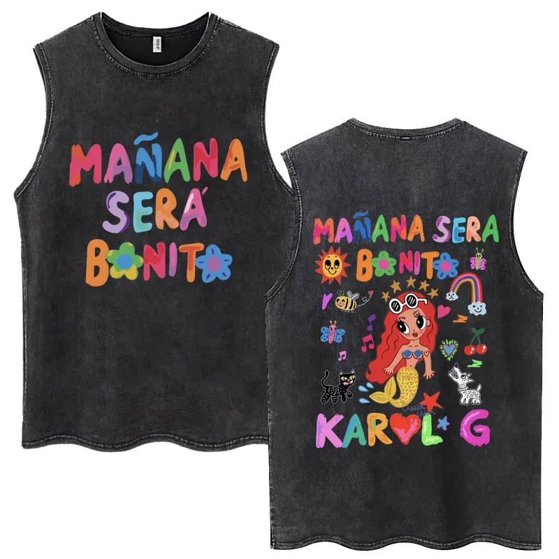 90s Karol G Manana Sera Bonito Washed Tank Top Harajuku Trendy Hip Hop T-shirts Men Women Loose Soft Cotton T Shirts Streetwear