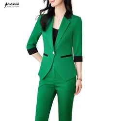 NAVIU Women Office Suits Blazer Pantsuit Simple Solid Color Suit Collar Blue Half Sleeve Top Flare Trousers Fashion 2 Piece Set