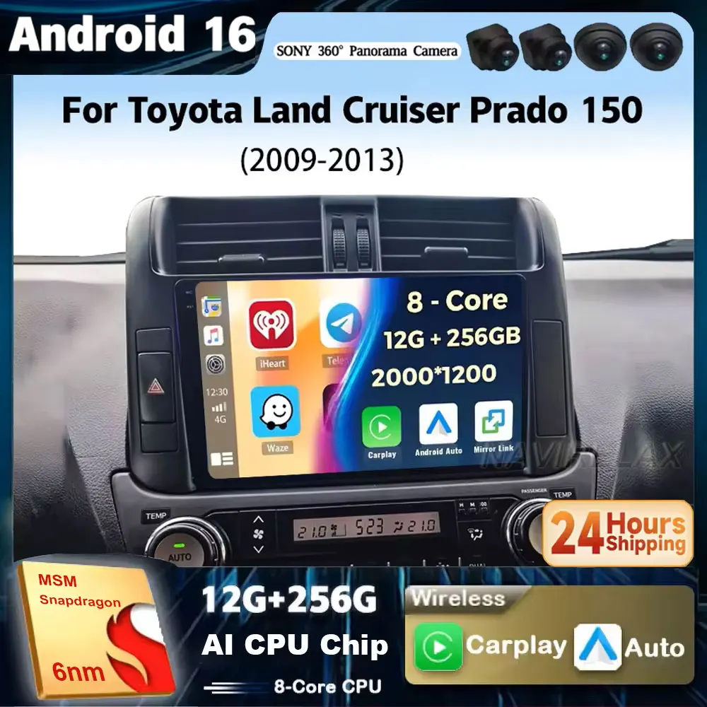 Android 16 For Toyota Land Cruiser Prado 150 2009 - 2013 2K QLED Android Car Radio Multimedia Video Player GPS Stereo CarPlay