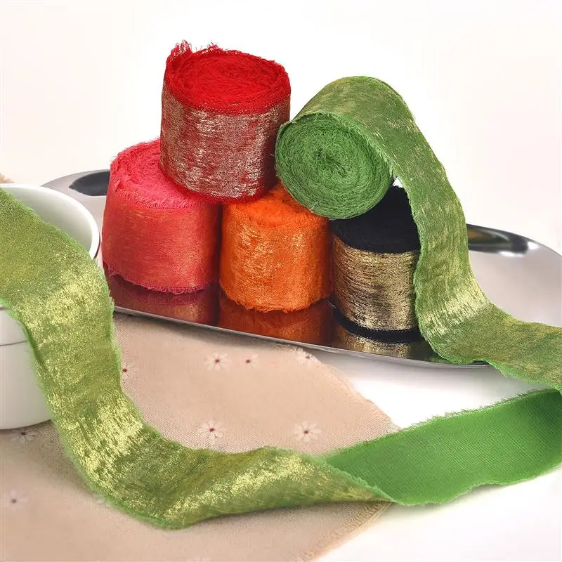 Handmade Frayed Edging Golden Silk Ribbon Cloth Ribbon For Wedding Invitation Wrapping Bouquets Birthday Party Decorations Gifts